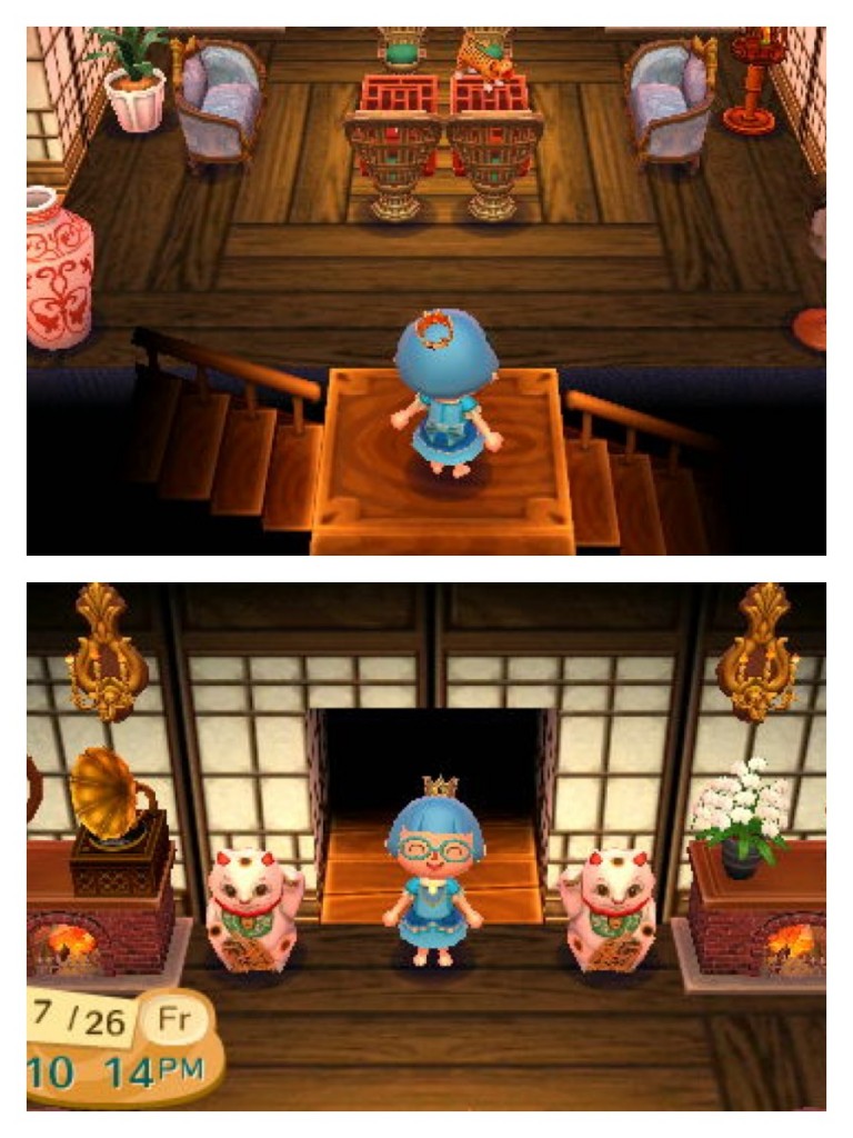 A pair of matching Rococo Sofas and Rococo Candlesticks in Animal Crossing: New Leaf.