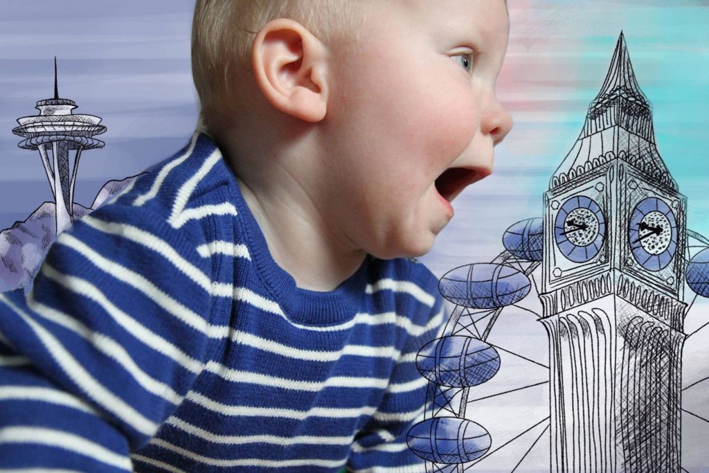 An image of our son Storm between illustrations of Seattle's Space Needle and London's Big Ben and London Eye landmarks